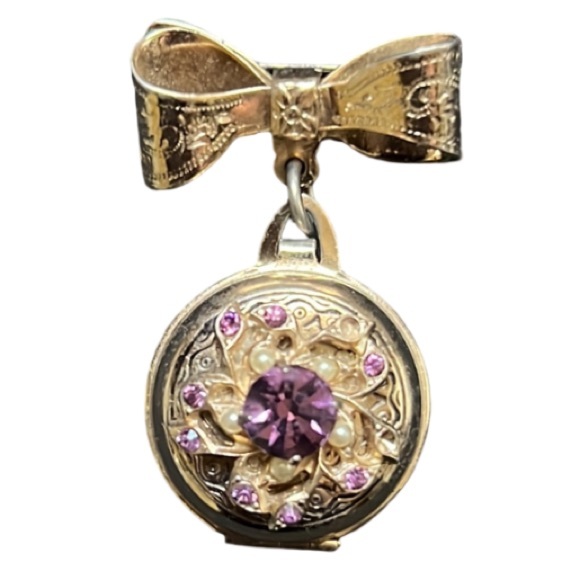 Vintage Coro Gold Plated Purple Crystal Rhinestone Bow Charm Locket Brooch - Picture 1 of 5